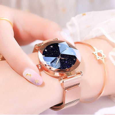 Luxury ladies watch magnet stainless steel mesh with starry fashion diamond