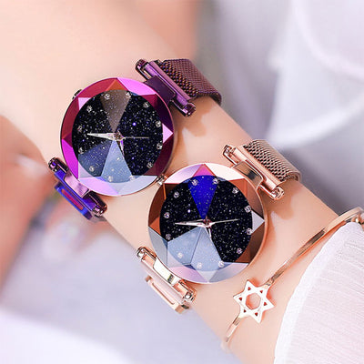 Luxury ladies watch magnet stainless steel mesh with starry fashion diamond