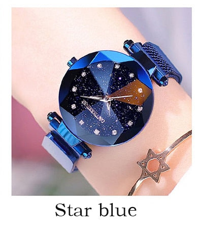 Luxury ladies watch magnet stainless steel mesh with starry fashion diamond