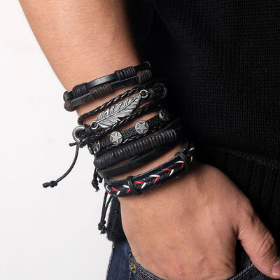 Fashion Leaf Feather Charm Leather Bracelet Men