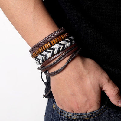 Fashion Leaf Feather Charm Leather Bracelet Men