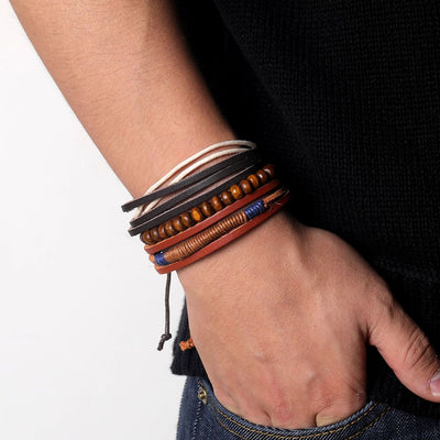 Fashion Leaf Feather Charm Leather Bracelet Men