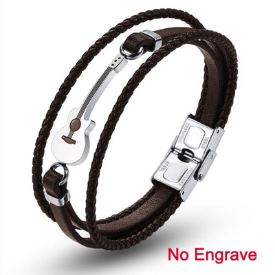 Brown Stainless Steel Guitar Bracelets Black Customized Logo Leather Bracelet  for Men