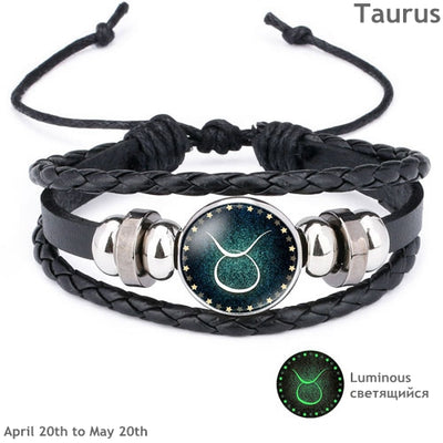 12 Constellation Luminous Bracelet Men Leather Bracelet Charm Bracelets for Men Boys