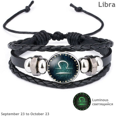 12 Constellation Luminous Bracelet Men Leather Bracelet Charm Bracelets for Men Boys