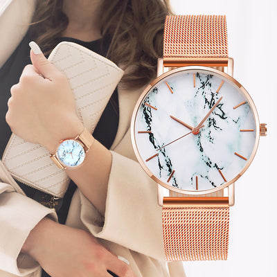 Fashion Rose Gold Mesh Band Creative Marble Female Wrist Watch Luxury Women