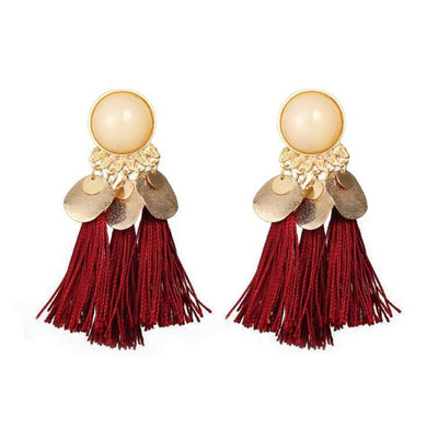 Fashion Ethnic Bohemian Tassel Crystal Long Earrings Black Beige Red