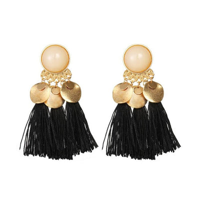 Fashion Ethnic Bohemian Tassel Crystal Long Earrings Black Beige Red