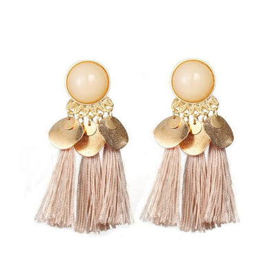 Fashion Ethnic Bohemian Tassel Crystal Long Earrings Black Beige Red